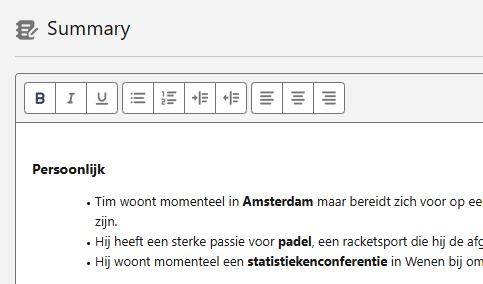 Editing the summary in the rich text editor